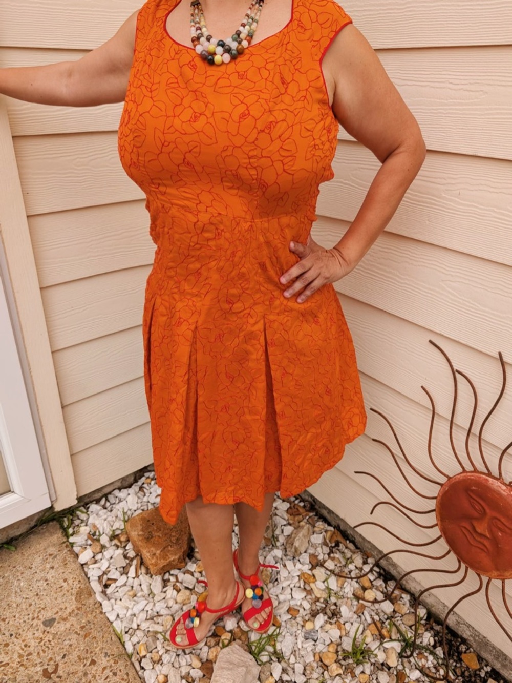 Bob Mackie Vibrant Orange Floral Jacquard Pleated Mini Dress
